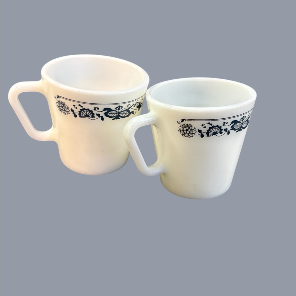 Vintage Pyrex Milk Glass Blue Floral Accent Mugs - Pair